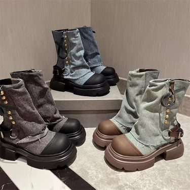 Denim Metal Buckle Ankle Boots Round Head Thick Bottom Casual